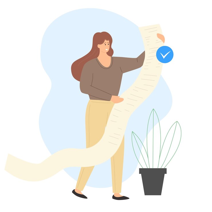 Woman holding long read tax document long bill task check receipt