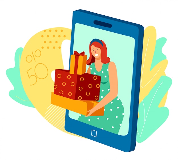 Woman holding presents, online gift boxes sale in mobile app, vector illustration