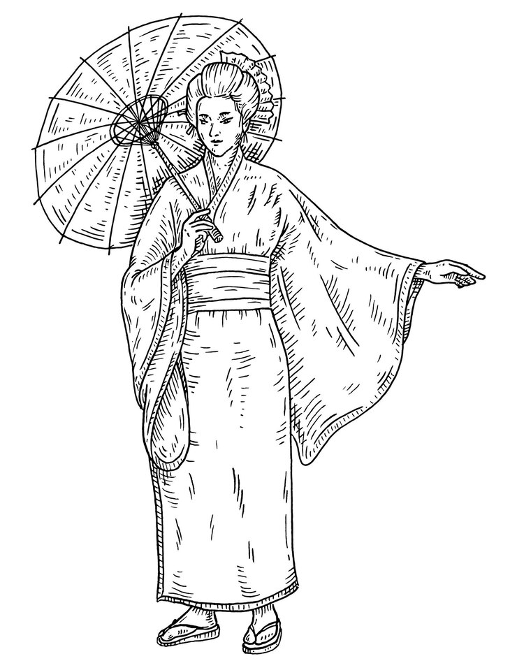 Vector woman in kimono with umbrella vintage vector engraving black illustration isolated on white