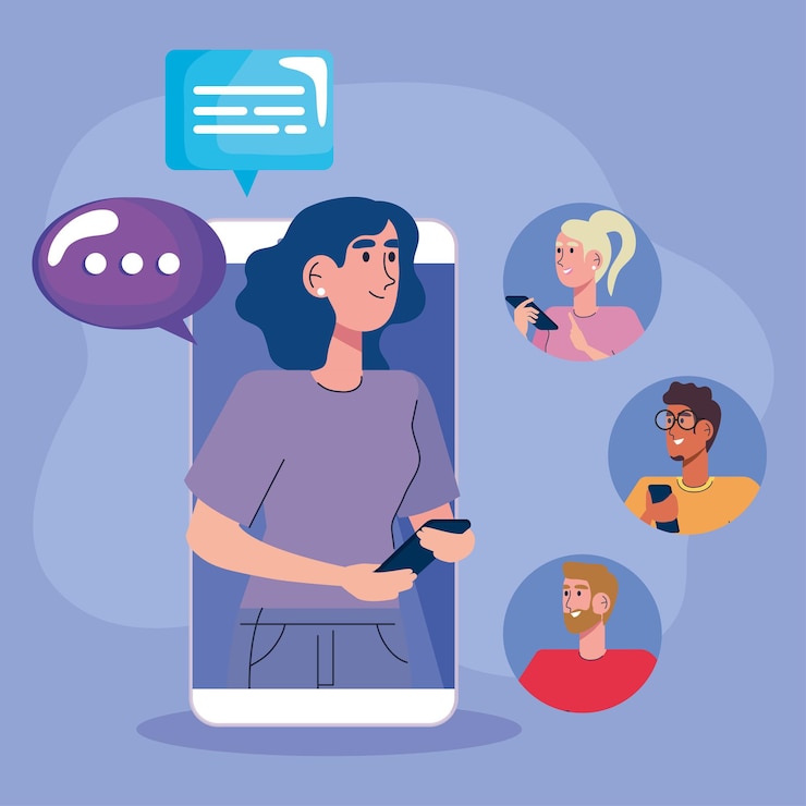 Vector woman in smartphone with community and speech bubbles  illustration 