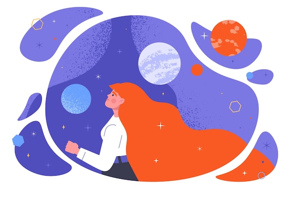 Woman in space concept Imagination and fantasy dreams Young girl with night and starry sky Galaxy and universe Astrology and astronomy space exploration Cartoon flat vector illustration