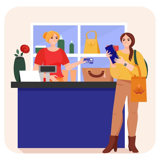 Woman in store and cashier with credit card Shopping concept illustration Woman paying for goods