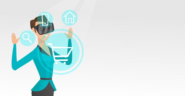 Woman in virtual reality headset shopping online