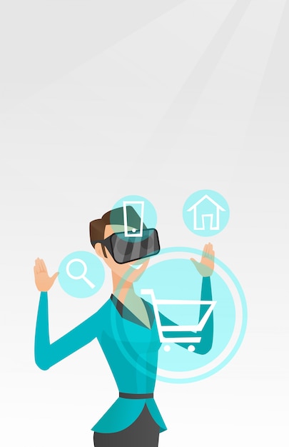 Woman in virtual reality headset shopping online