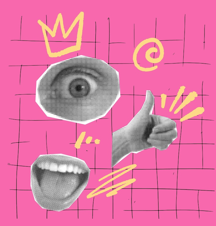 Vector woman lips hand and eye as retro halftone collage elements with girly doodles grunge punk crazy art