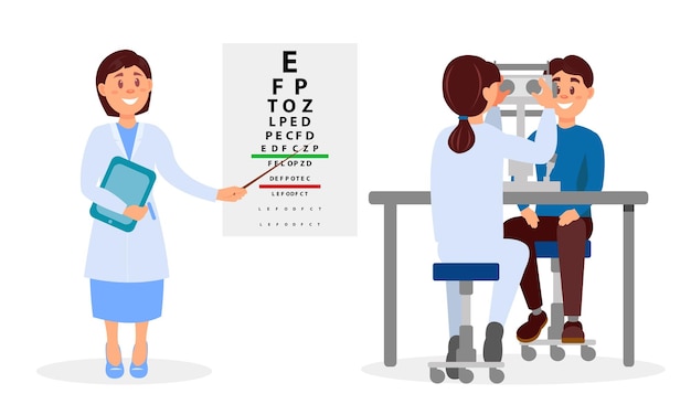 Woman ophthalmologist doctor in medical uniform pointing at eye chart and observing patient vector