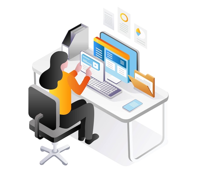 woman organizing data with ipad and computer