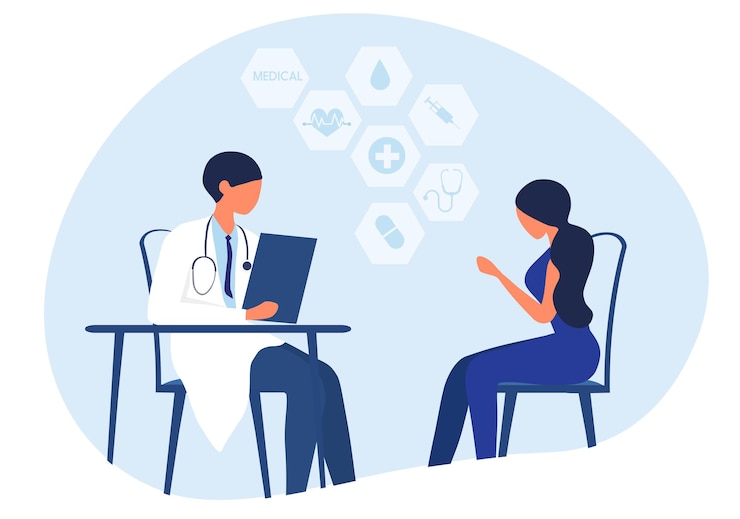 Vector woman patient consulting with doctor at hospital vector illustration doctor consultation concept