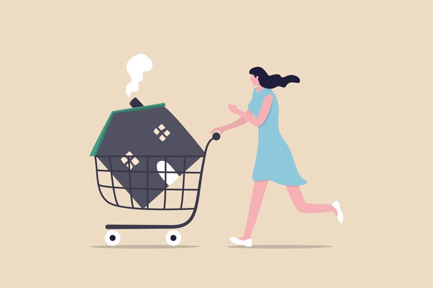 woman pushing new house inside shopping cart trolley