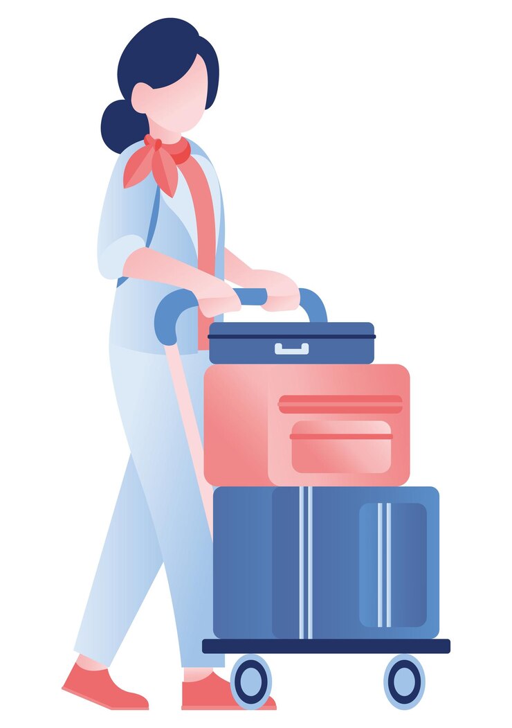 Vector woman pushing the trolley with bags in the airport