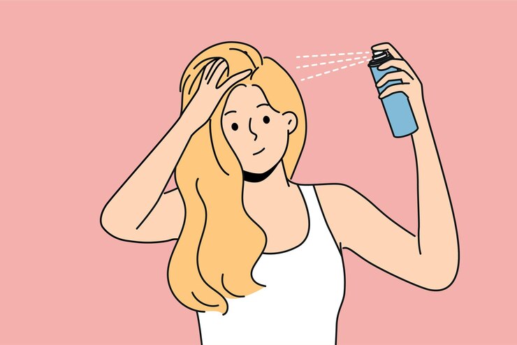 Vector woman puts hairspray on hair while preparing to go on date or party and wants to be most beautiful blonde girl uses cosmetic products for hair care wanting to add splendor hairstyle