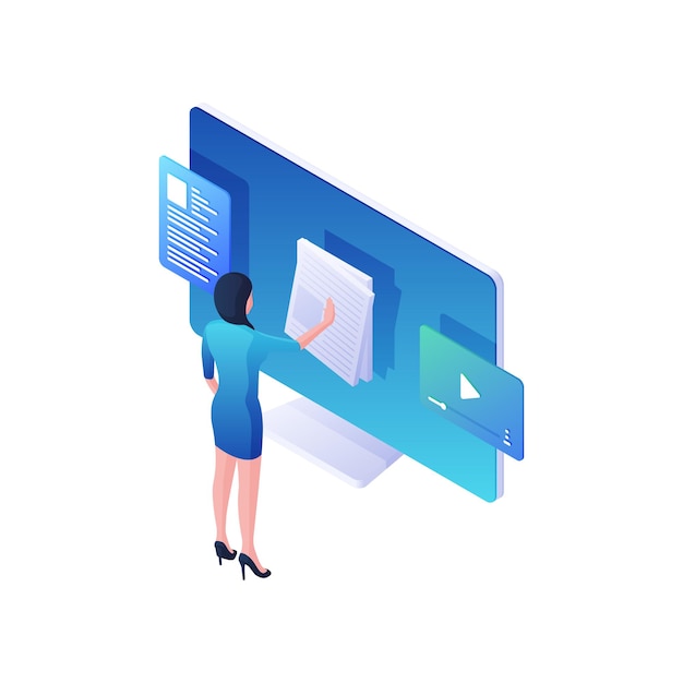 Woman reading online news and watching video isometric illustration. Female character flips through white event bulletins and browses web content. Modern social media and resources  concept.