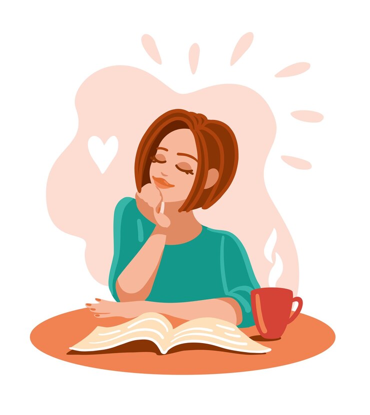 Woman reads and dreams. Have a good time. Vector illustration.