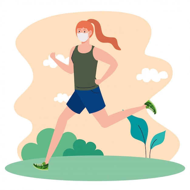Woman running using medical protective mask on nature landscape during covid 19 pandemic
