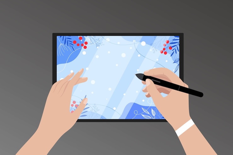 Vector woman's hand holds a stylus and draws winter on a tablet closeup designer