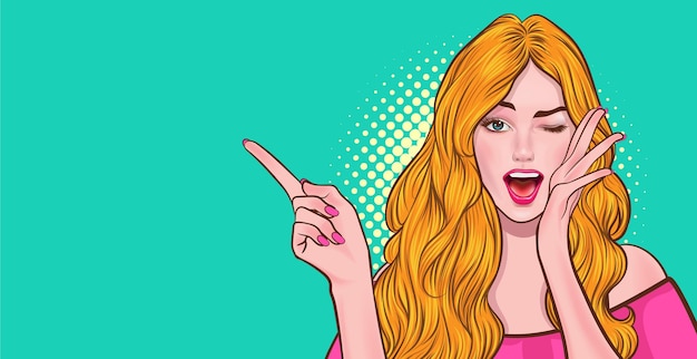Woman saying something and point her hand pop art comics style.