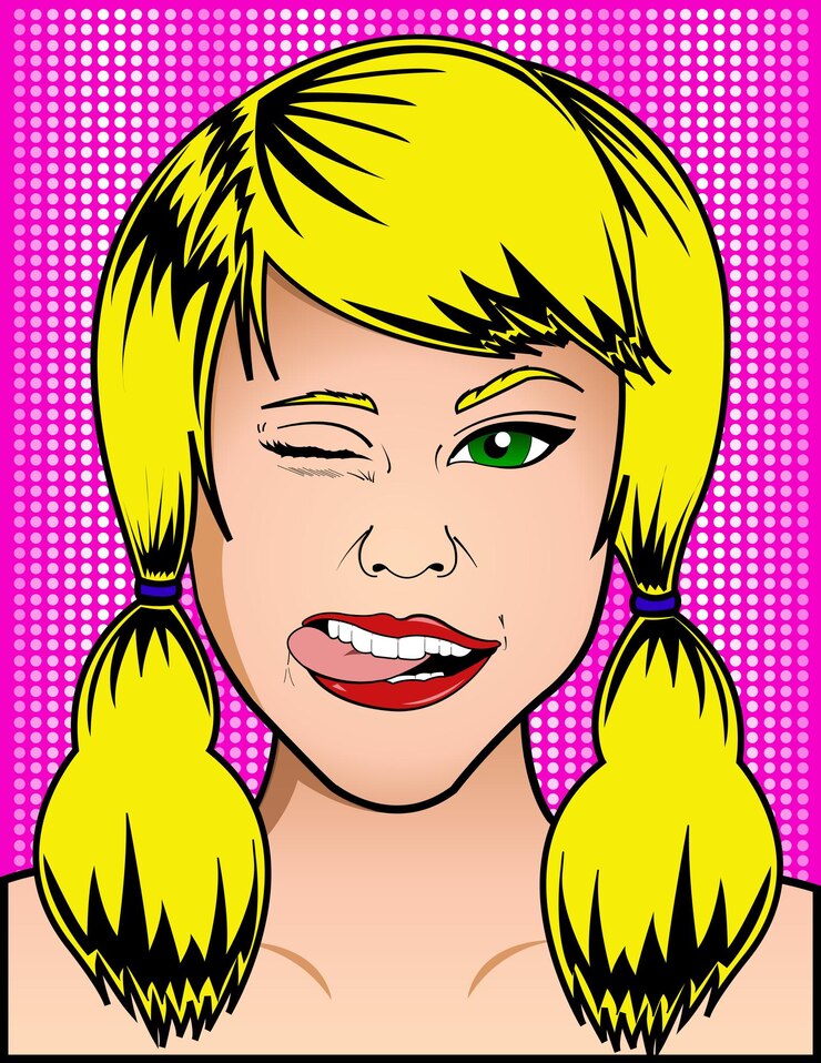 Vector woman showing tongue and smiling, vector illustration of woman sticking out tongue in pop art style