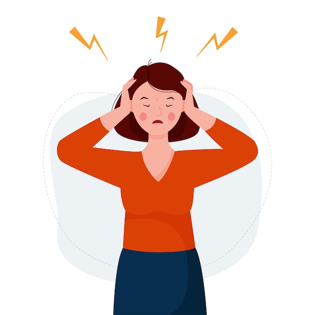 Woman suffering from headache, panic and depression. Girl holding her head with her hands.