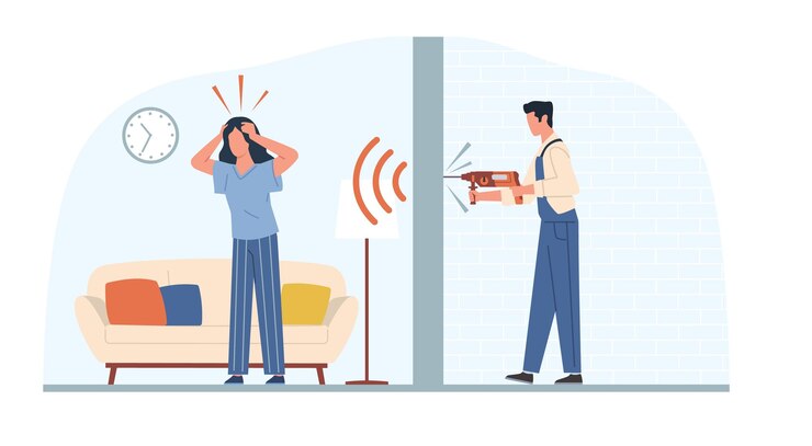 Vector woman suffers from unbearable noise due to repairs in apartment next door man drilling wall noisy neighborhood home renovation construction worker cartoon flat illustration vector concept