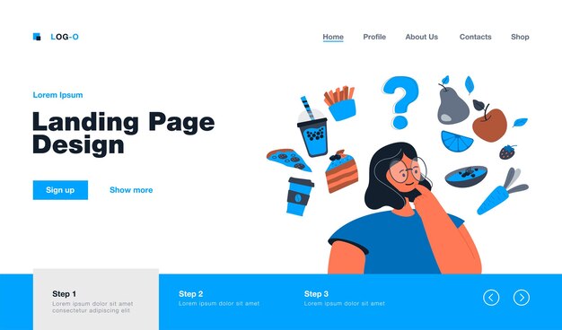 Woman thinking over healthy and unhealthy snacks choice Landing page in flat style.