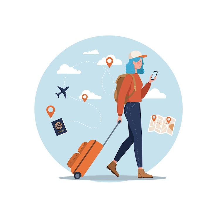 Vector woman traveler planning trip with phone and map