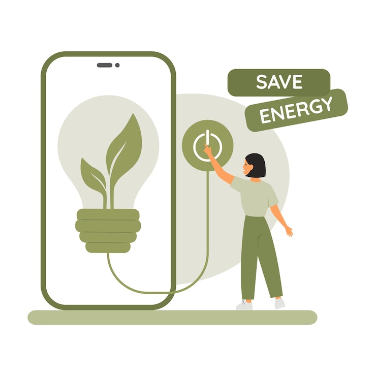 Vector woman turning off switch button for energy saving save energy concept phoane with lightbulb with leaves inside