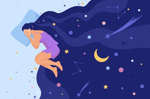 Woman universe in hair Dream sleep with magic stars moon planets night sky mystical galaxy head abstract astrology concept female sleeping bed
