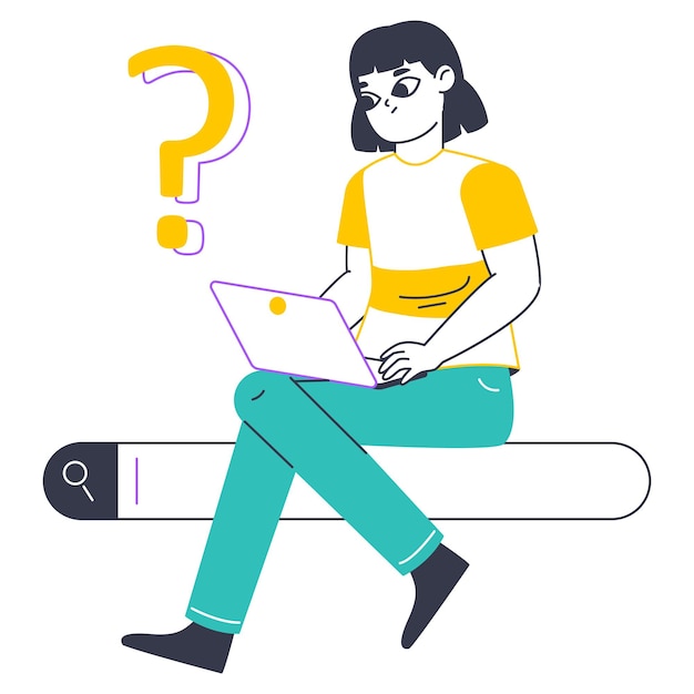 Woman use searching bar web searching girl surfing internet flat vector illustration on white