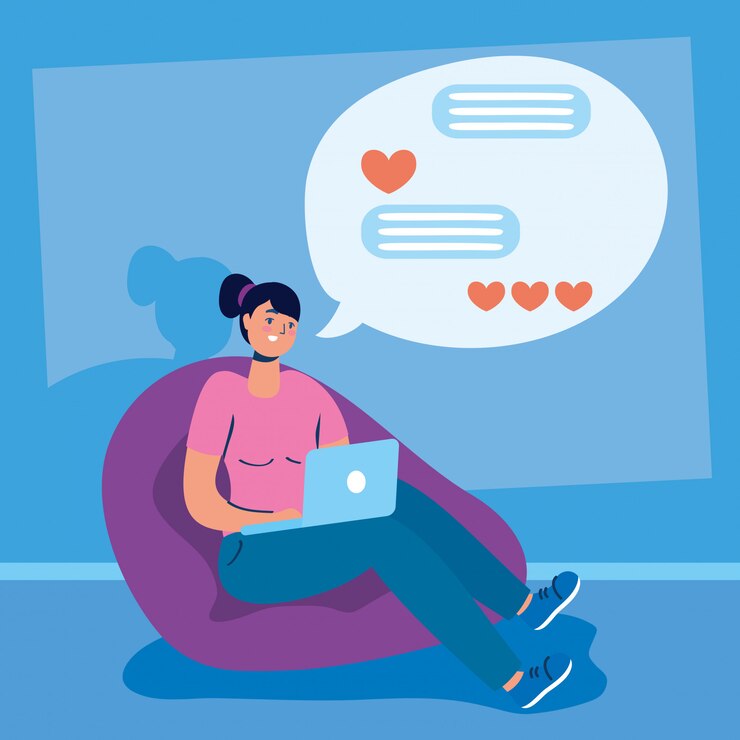 Vector woman using laptop social media technology