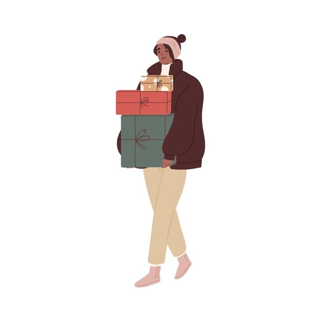 Woman walking holding gift boxes stack in hands Female going carrying Christmas presents Happy young person after winter holiday shopping Flat vector illustration isolated on white background