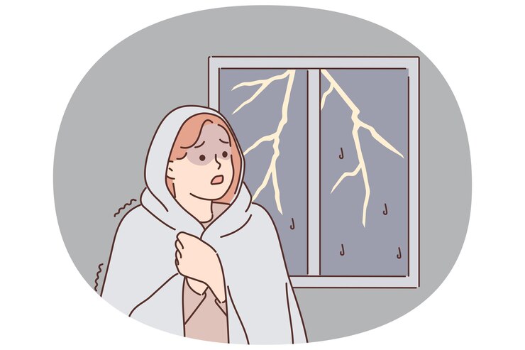 Vector woman was frightened by lightning and storm outside window wrapped herself in blanket