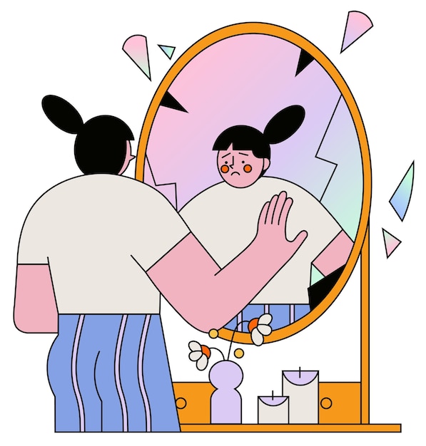 Woman washing her face in front of the mirror Vector illustration