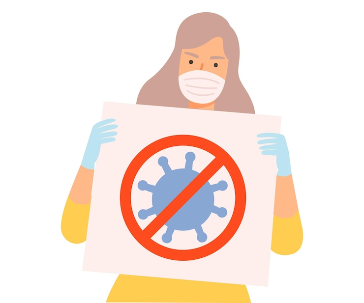 Vector woman wearing protective medical face mask and gloves protesting against virus spread cartoon style vector illustration