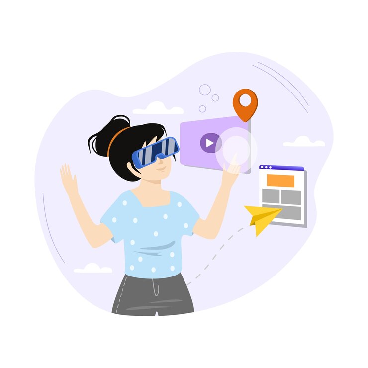 Vector woman wearing vr glasses experiencing virtual augmented