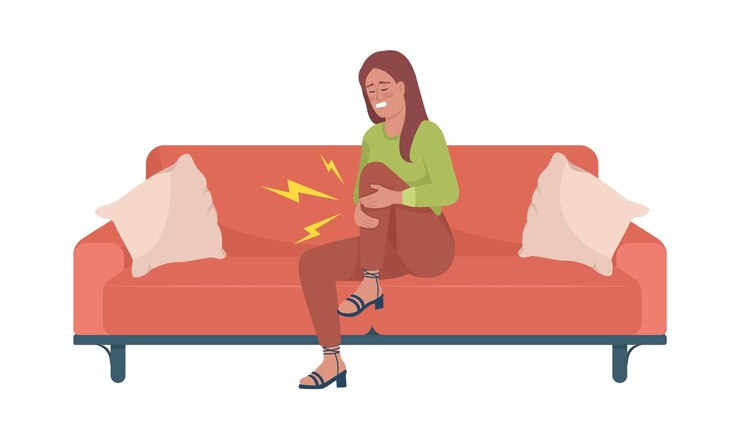 Vector woman with injured knee semi flat color vector character