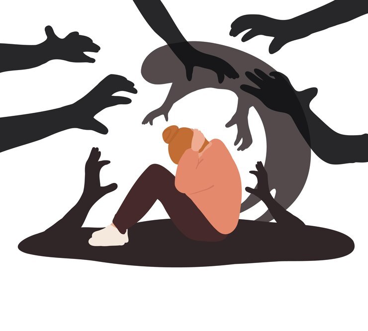 Vector woman with panic attack, ptsd, phobias, fears, phobias, paranoia, hallucinations, schizophrenia