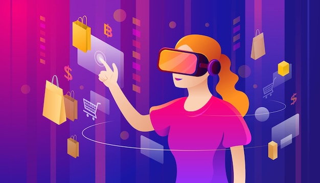 Woman with VR Headset Touching for Shopping Metaverse Concept