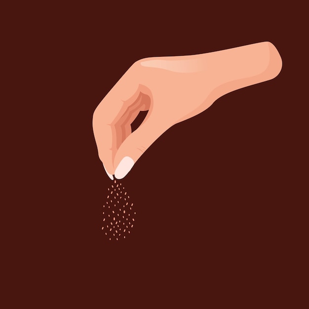 Womans hand sprinkle a fish food or breadcrumbs