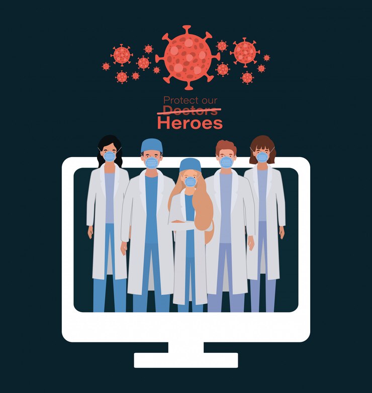 Vector women and men doctors heroes with uniforms and masks inside computer against 2019 ncov cov infection corona epidemic disease symptoms and medical theme vector illustration