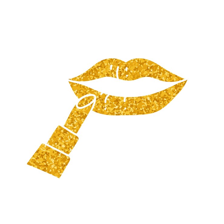 Vector women beauty icon lipstick and lip drawing in gold color style