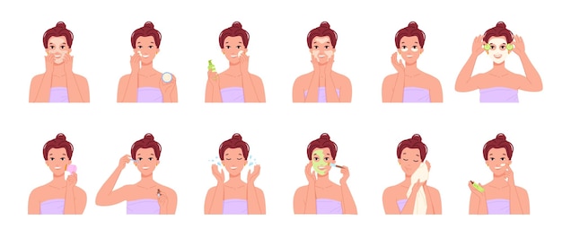 Women cleaning skin Woman face purity steps facial clean skincare infographic healthy feminine beauty tonic oilwash dropper scrub toner cosmetology swanky vector illustration of care skin face