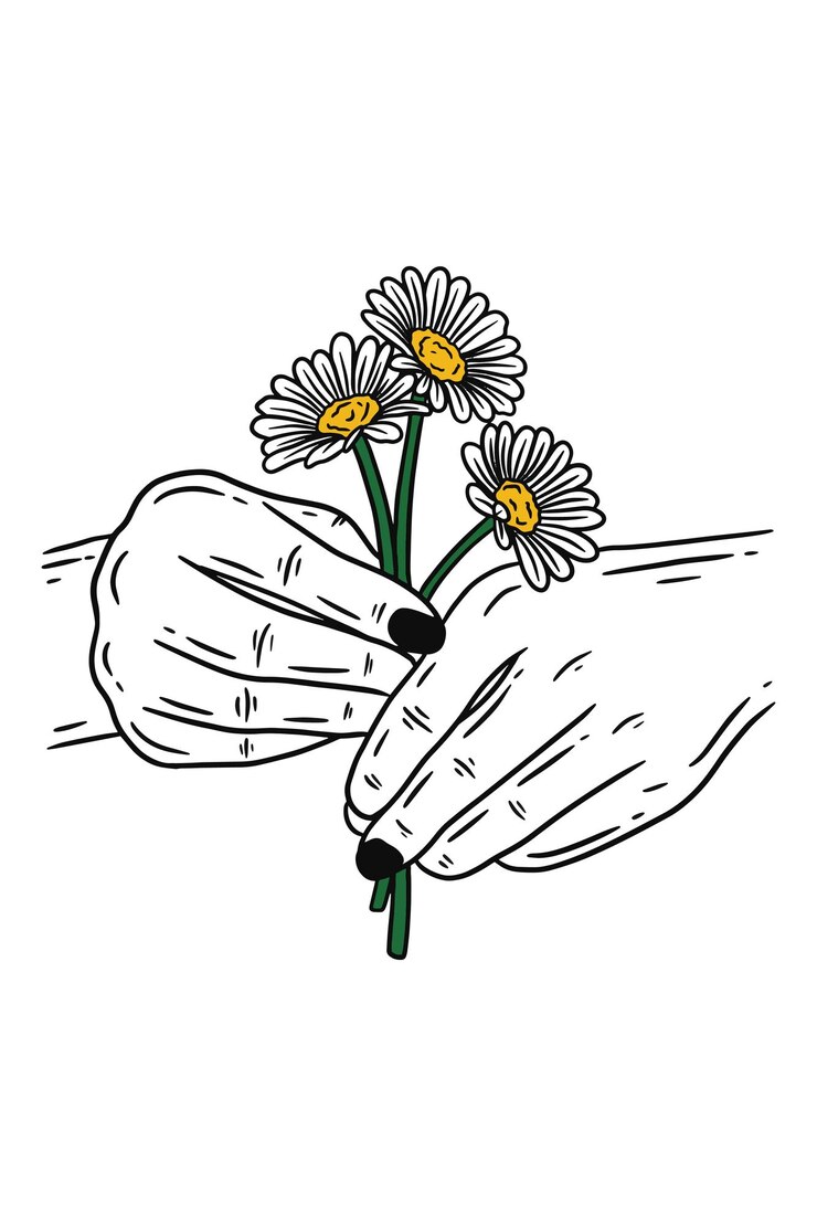 Women Hand Holding Rose Flower Gesture Flat line Art illustration