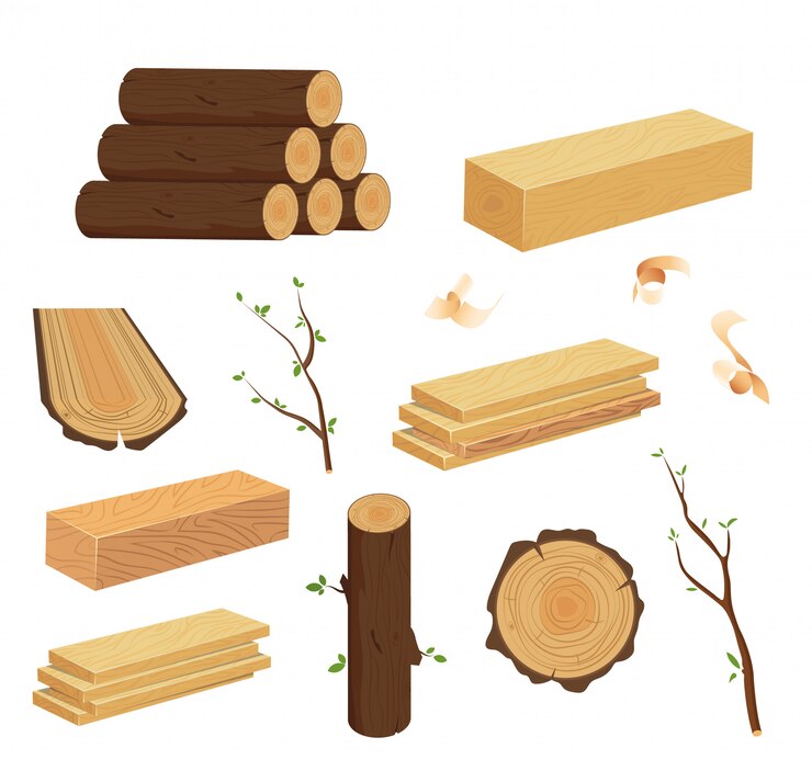 Vector wood log and trunk, stump and plank. set of woodpile, brushwood, firewood hut, stacks wooden logs.