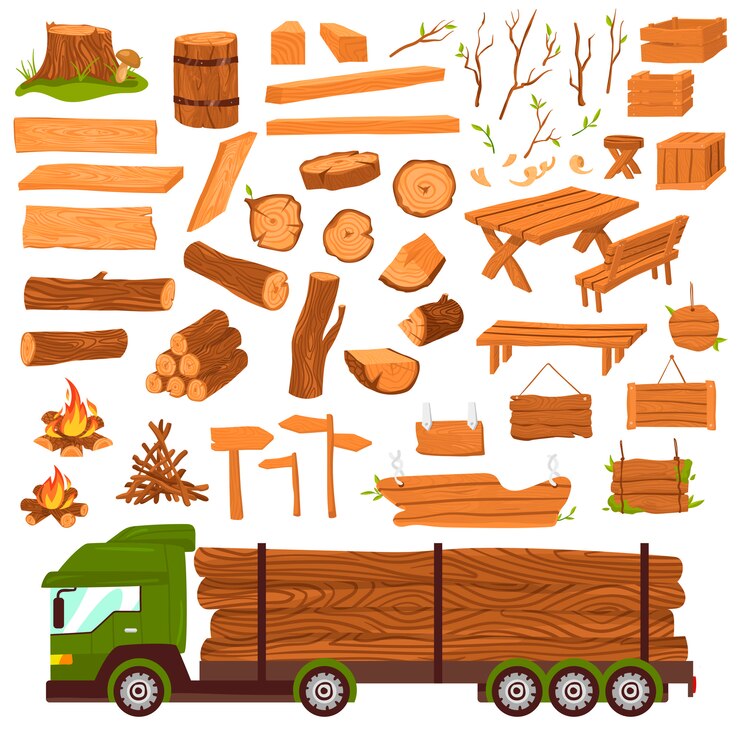 Vector wood logs, timber industry, wooden materia production, lumbers  set with tree trunk, planks saw  illustration  on white.