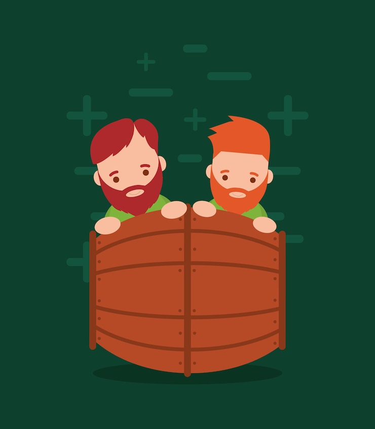 Vector wooden barrel with irish leprechauns 