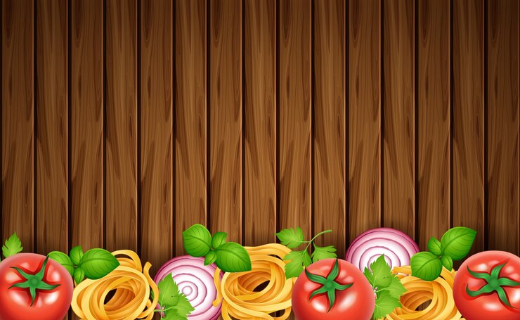 Vector wooden board with pasta and fresh vegetables
