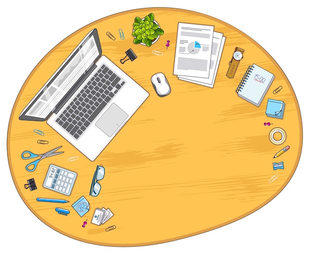 Wooden office employee or entrepreneur work desk workplace with laptop computer and diverse stationery objects for work with copy space for text. All elements are easy to use separately. Vector.