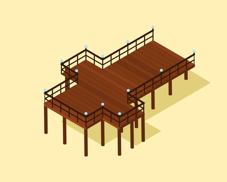 Vector wooden pier isometric vector illustration large wooden beach pier in isometric style vector