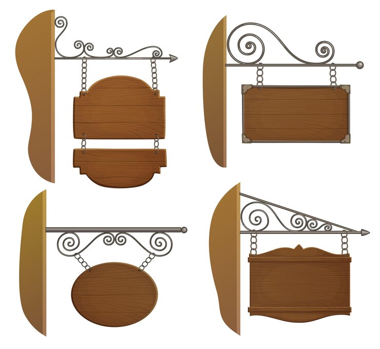 Vector wooden road sign hanging on chains vector icons set collection of farm signboards made of dark wood
