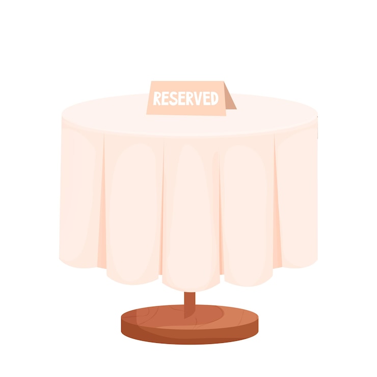 Vector wooden round table with tablecloth and reserved sign in cartoon style